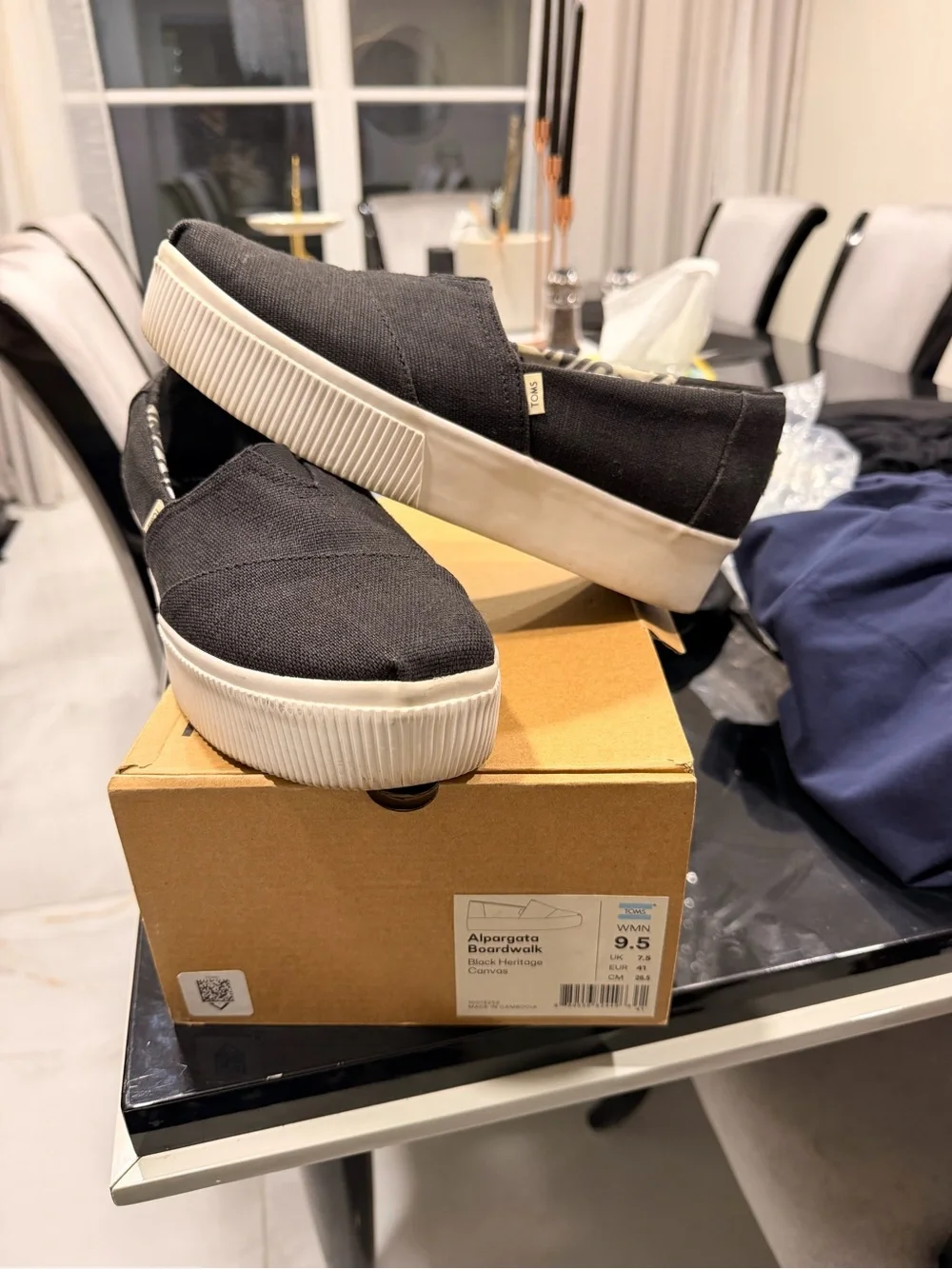 TOMS Alpargata Boardwalk Black Heritage Canvas Platform Slip-Ons - Size 9.5